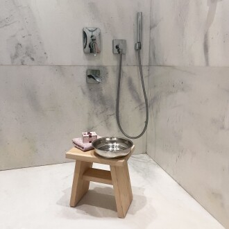 Shark Anatolia Sedir Ahşap Banyo Taburesi Oturak ve Beyaz Bakır Hamam Tası Seti - 9