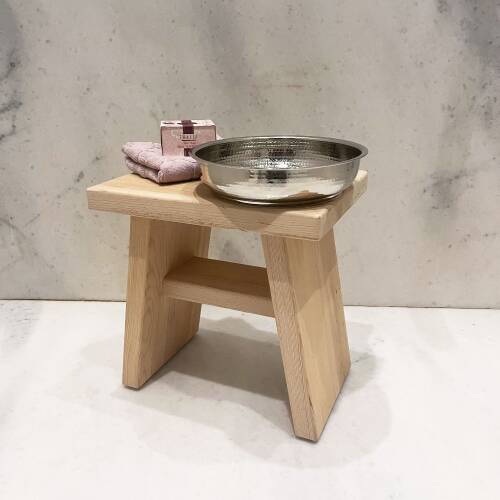 Shark Anatolia Sedir Ahşap Banyo Taburesi Oturak ve Beyaz Bakır Hamam Tası Seti - 6