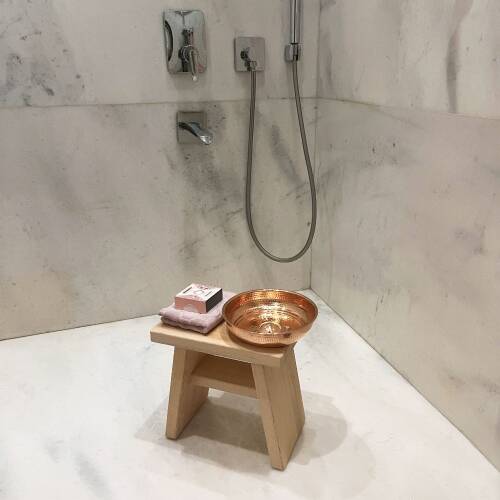 Shark Anatolia Sedir Ahşap Banyo Taburesi Oturak ve Kızıl Bakır Hamam Tası Seti - 9