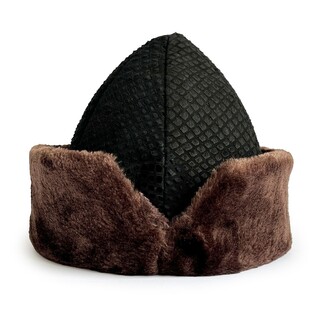 Shark Anatolia - Traditional Ertugrul Gazi Börk Hat Nubuck Leather Black Patterned With Brown Fur
