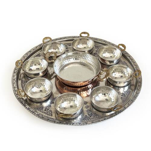 Shark Anatolia Tepsili Kahvaltı Sunum Seti, Bakır Sahan 16 cm Kalın Taban 8 Parça Kulplu Bakır Kase - 2