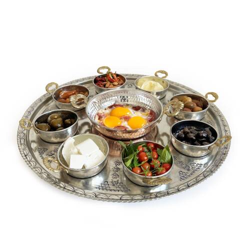 Shark Anatolia Tepsili Kahvaltı Sunum Seti, Bakır Sahan 16 cm Kalın Taban 8 Parça Kulplu Bakır Kase - 3