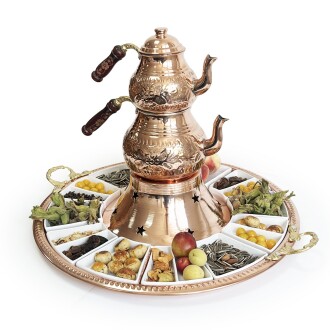 Shark Anatolia Tepsili Kahvaltı Çay Sunum Seti, El İşleme Klasik Bakır Çaydanlık, 12 Parça Porselen Tabak - 2