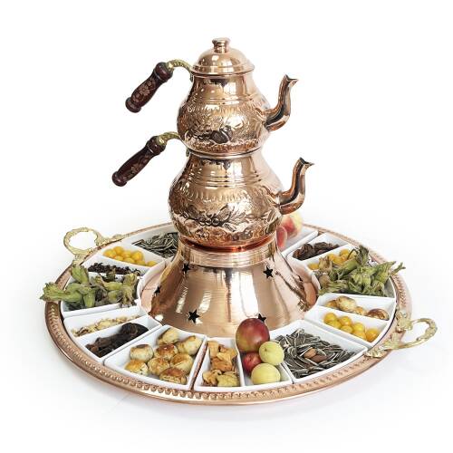 Shark Anatolia Tepsili Kahvaltı Çay Sunum Seti, El İşleme Klasik Bakır Çaydanlık, 12 Parça Porselen Tabak - 2