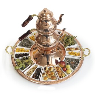 Shark Anatolia Tepsili Kahvaltı Çay Sunum Seti, El İşleme Klasik Bakır Çaydanlık, 12 Parça Porselen Tabak - 3