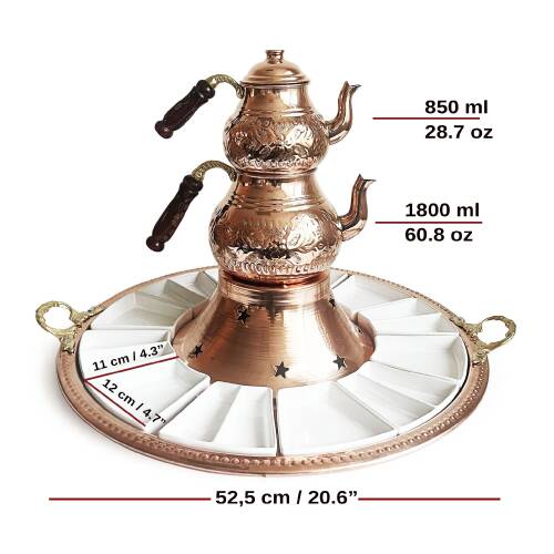 Shark Anatolia Tepsili Kahvaltı Çay Sunum Seti, El İşleme Klasik Bakır Çaydanlık, 12 Parça Porselen Tabak - 4