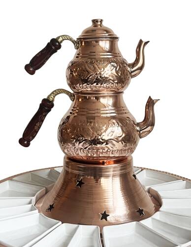 Shark Anatolia Tepsili Kahvaltı Çay Sunum Seti, El İşleme Klasik Bakır Çaydanlık, 12 Parça Porselen Tabak - 6