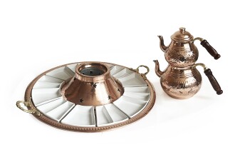 Shark Anatolia Tepsili Kahvaltı Çay Sunum Seti, El İşleme Klasik Bakır Çaydanlık, 12 Parça Porselen Tabak - 7