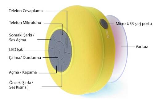Su Geçirmez Mini Bluetooth Duş Hoparlörü (Sarı) - 4