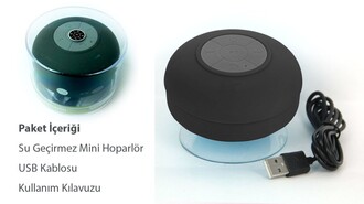 Su Geçirmez Mini Bluetooth Duş Hoparlörü (Siyah) - Thumbnail