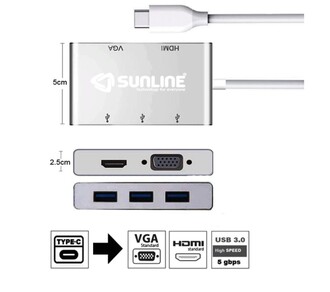 Sunline - Sunline 170694 USB C Type C-USB 3.0 Hub /HDMI/VGA