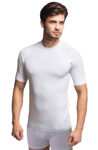 Thermoform Bambu Erkek Bisiklet Yaka Tişört Kısa Kollu Fanila Atlet ve Boxer Şort Seti Beyaz - 5