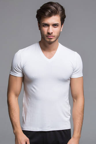 Thermoform Bambu Erkek V Yaka Tişört Kısa Kollu Fanila Atlet Beyaz 3'lü Paket - 2