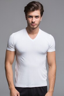 Thermoform Bambu Erkek V Yaka Tişört Kısa Kollu Fanila Atlet ve Boxer Şort Seti Beyaz - 3