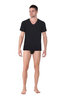 Thermoform Bambu Erkek V Yaka Tişört Kısa Kollu Fanila Atlet ve Slip Külot Seti Siyah - 2