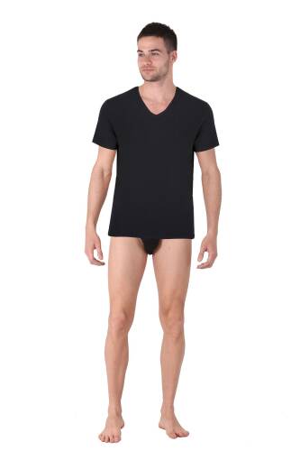 Thermoform Bambu Erkek V Yaka Tişört Kısa Kollu Fanila Atlet ve Slip Külot Seti Siyah - 2
