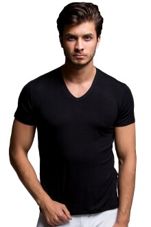 Thermoform Bambu Erkek V Yaka Tişört Kısa Kollu Fanila Atlet ve Slip Külot Seti Siyah - 3
