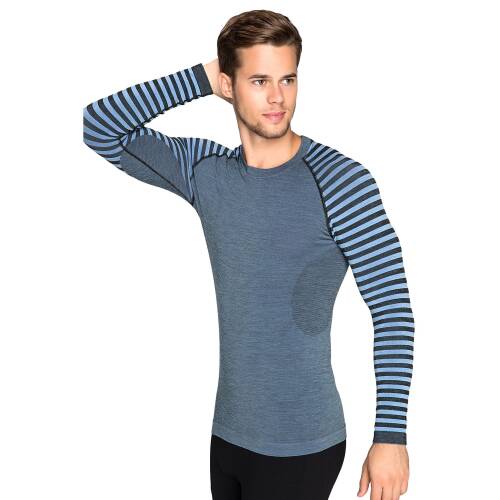 Thermoform Ultimate Merino Erkek Seamless Çizgili Termal Uzun Kollu Üst İçlik Sweatshirt Mavi - 2