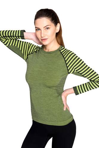 Thermoform Ultimate Merino Kadın Seamless Çizgili Termal Üst İçlik Sweatshirt Yeşil - 3