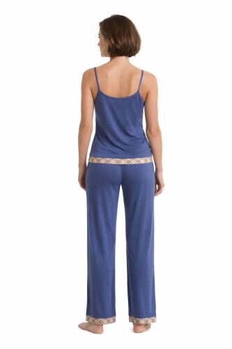 U&ME İp Askılı Kadın Yazlık Uzun Pijama Takımı, Ekose Şerit Detaylı Yumuşak Rahat Ev Giyim Seti İndigo - 3