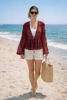 U&ME Kadın Önden Bağlamalı Fırfır Detaylı Katlı Volanlı Tül Plaj Gömleği Şık Transparan Kadın Bluz Bordo 