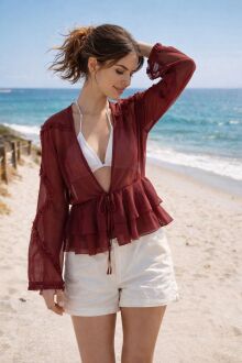 U&ME Kadın Önden Bağlamalı Fırfır Detaylı Katlı Volanlı Tül Plaj Gömleği Şık Transparan Kadın Bluz Bordo - 2