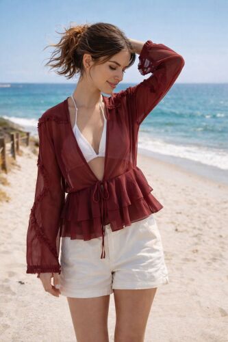 U&ME Kadın Önden Bağlamalı Fırfır Detaylı Katlı Volanlı Tül Plaj Gömleği Şık Transparan Kadın Bluz Bordo - 2