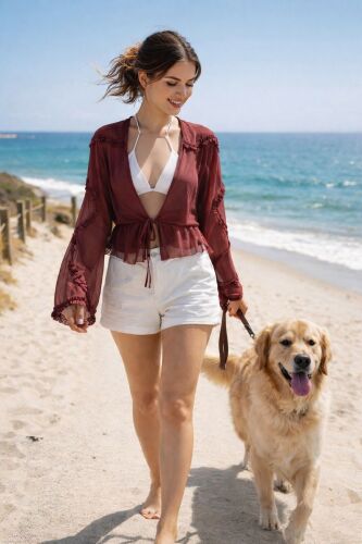 U&ME Kadın Önden Bağlamalı Fırfır Detaylı Katlı Volanlı Tül Plaj Gömleği Şık Transparan Kadın Bluz Bordo - 4