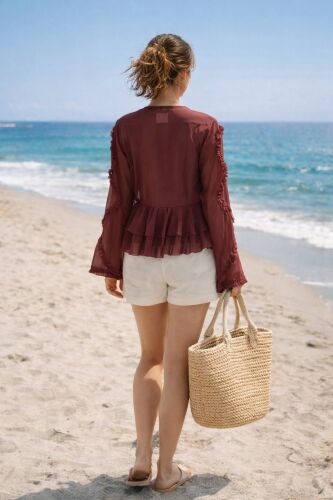 U&ME Kadın Önden Bağlamalı Fırfır Detaylı Katlı Volanlı Tül Plaj Gömleği Şık Transparan Kadın Bluz Bordo - 6