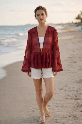 U&ME Kadın Önden Bağlamalı Fırfır Detaylı Katlı Volanlı Tül Plaj Gömleği Şık Transparan Kadın Bluz Bordo - 9