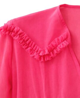 U&ME Kadın Önden Bağlamalı Fırfır Detaylı Katlı Volanlı Tül Plaj Gömleği Şık Transparan Kadın Bluz Pembe - 5