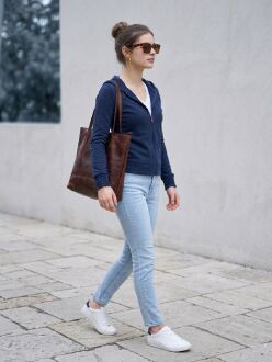 U&ME Kapüşonlu Dar Kesim Boydan Fermuarlı Crop Slim Fit Ribana Kadın Sweatshirt Koyu Lacivert - 6