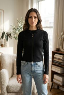 U&ME Kapüşonlu Dar Kesim Boydan Fermuarlı Crop Slim Fit Ribana Kadın Sweatshirt Siyah 