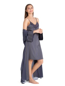 U&ME Line Saten Gecelik Sabahlık 2'li Takım Lacivert - 2