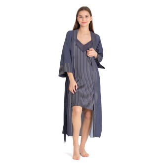 U&Me Satin Nightgown Nightwear Peignoir Lingerie Set Navy Blue