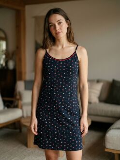U&ME Midnight Bloom Women's Cotton Spaghetti Strap Nightgown Floral Summer Sleepwear, Lounge Dress, Navy Blue