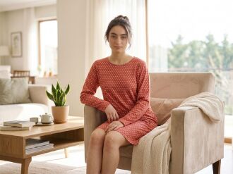 U&ME Owl Mini Baykuş Desenli Uzun Kollu Cepli Pamuk Kadın Gecelik, Rahat Ev Giyimi Kırmızı - 3