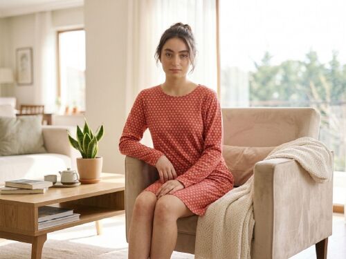 U&ME Owl Mini Baykuş Desenli Uzun Kollu Cepli Pamuk Kadın Gecelik, Rahat Ev Giyimi Kırmızı - 3