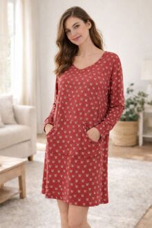 U&ME Owl Pattern Women's Cotton Modal Nightgown Long Sleeve Pocket Sleep Dress, Soft Comfortable Homewear Red