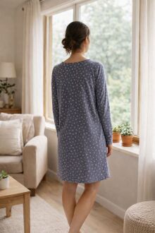 U&ME Owl Mini Baykuş Desenli Uzun Kollu Cepli Pamuk Kadın Gecelik, Rahat Ev Giyimi Lacivert - 5