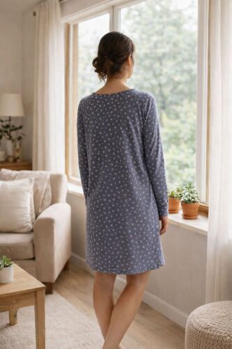 U&ME Owl Mini Baykuş Desenli Uzun Kollu Cepli Pamuk Kadın Gecelik, Rahat Ev Giyimi Lacivert - 5