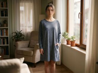 U&ME Owl Mini Baykuş Desenli Uzun Kollu Cepli Pamuk Kadın Gecelik, Rahat Ev Giyimi Lacivert - 6