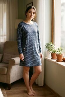 U&ME Owl Pattern Women's Cotton Modal Nightgown Long Sleeve Pocket Sleep Dress, Soft Comfortable Homewear Blue