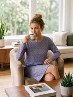 U&ME Owl Mini Baykuş Desenli Uzun Kollu Cepli Pamuk Kadın Gecelik, Rahat Ev Giyimi Lila 