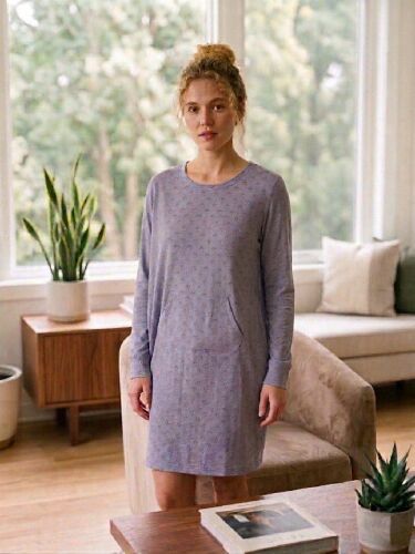 U&ME Owl Mini Baykuş Desenli Uzun Kollu Cepli Pamuk Kadın Gecelik, Rahat Ev Giyimi Lila - 5