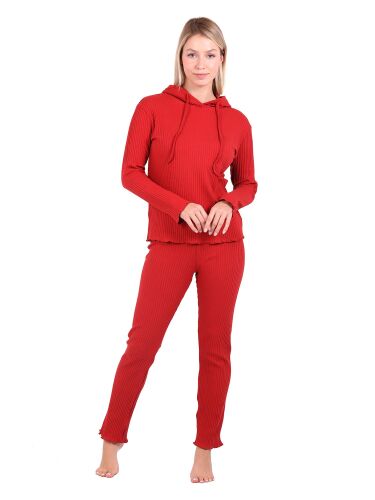 U&ME Ribbed Kadın Kapüşonlu Eşofman Takımı Kiremit - 1