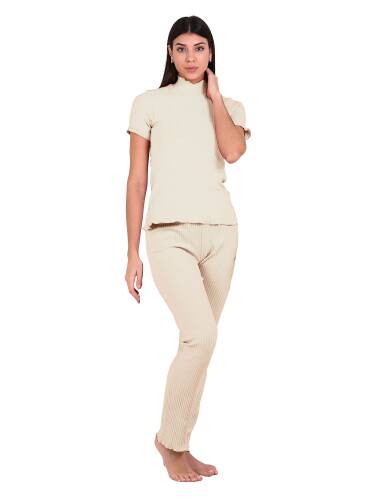 U&ME RibbedBalıkçı Yaka Kısa Kollu Kadın Eşofman Takımı Ekru - 1