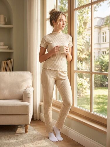 U&ME Ribbed Balıkçı Yaka Kısa Kollu Kadın Eşofman Takımı Ekru - 1