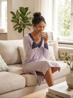 U&ME V Yaka Dantel Detaylı Pamuk Viskon İnce Kumaş Romantik Uzun Kadın Gecelik Lila - 2