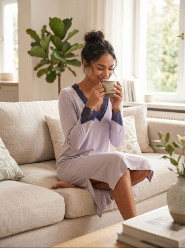 U&ME V Yaka Dantel Detaylı Pamuk Viskon İnce Kumaş Romantik Uzun Kadın Gecelik Lila - 2